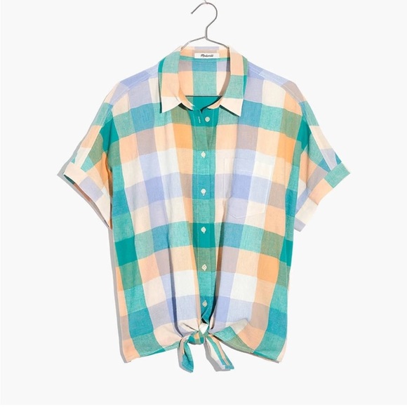 Madewell Tops - Madewell Gingham Linen Cotton Tie Front Shirt Short Sleeve NWT